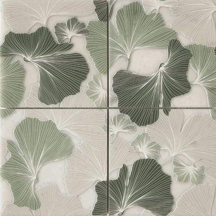 Full Tile Sample - Skalini Line Flora Gingko Green Marble Mosaic - 5.9" x 5.9" x 3/8" Etched