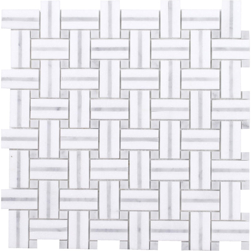 Full Sheet Sample - Sliced Basket Weave Bianco Carrara Thassos Basket Weave Natural Stone Mosaic - 12" x 12" Polished