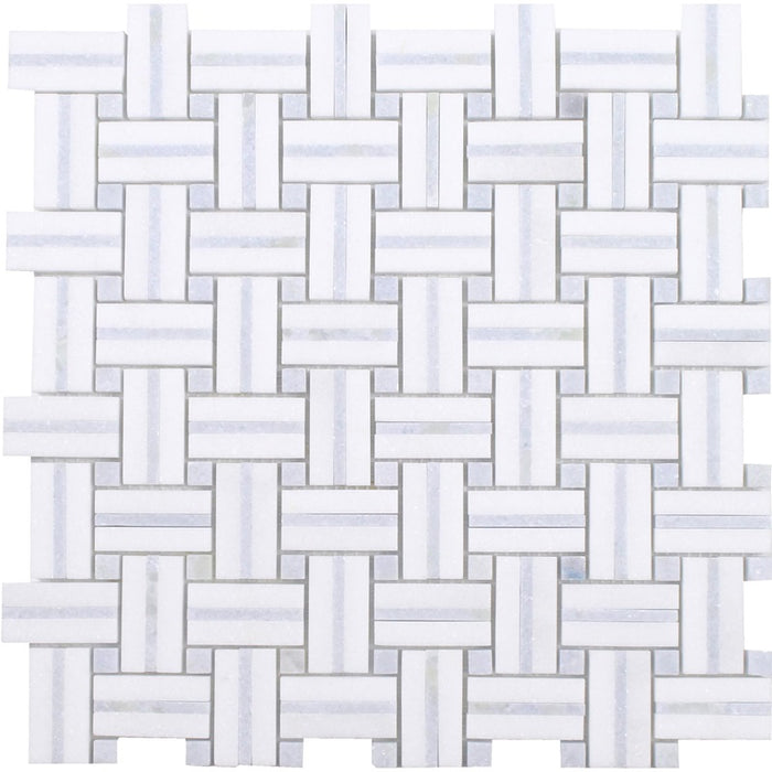 Full Sheet Sample - Sliced Basket Weave Blu Celeste Thassos Basket Weave Natural Stone Mosaic - 12" x 12" Polished