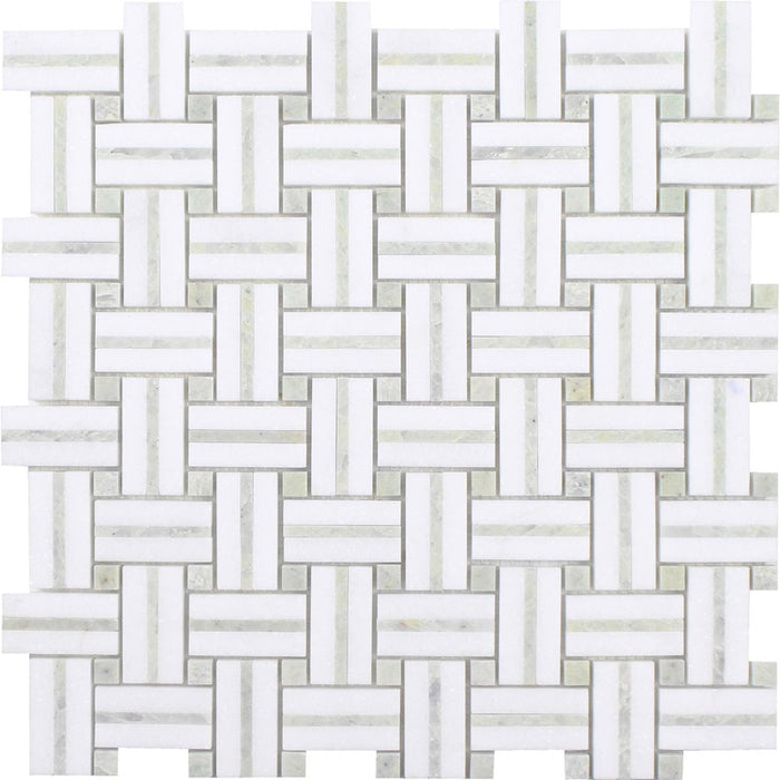 Full Sheet Sample - Sliced Basket Weave Ming Green Thassos Basket Weave Natural Stone Mosaic - 12" x 12" Polished