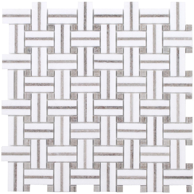 Full Sheet Sample - Sliced Basket Weave Skyline Thassos White Basket Weave Natural Stone Mosaic - 12" x 12" Polished