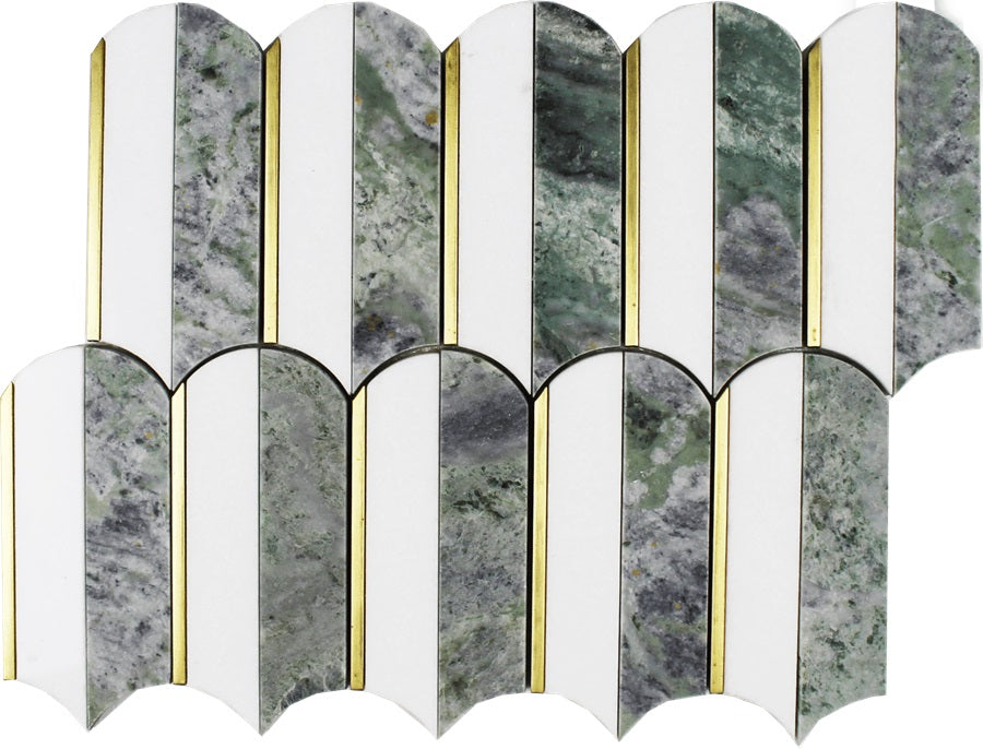 Full Sheet Sample - Showtime Thassos & Green Quill Natural Stone Mosaic - 10.25" x 13.5" Polished