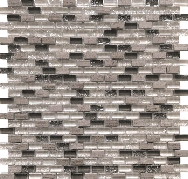 Full Sheet Sample - Ice Graystroke Mix Brick Glass Mosaic - 11.25" x 11.25" Glossy
