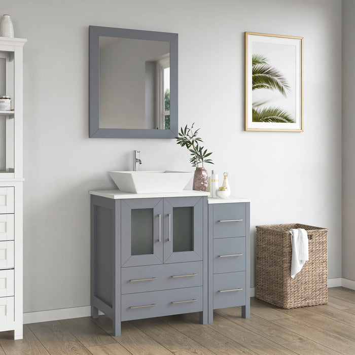 CVC Grey Solid Wood with Basin Engineered Marble Top and Mirror CVC24 Bathroom Cabinet - 36" x 18.5" x 36"