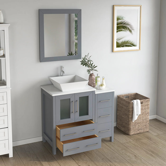 CVC Grey Solid Wood with Basin Engineered Marble Top and Mirror CVC24 Bathroom Cabinet - 36" x 18.5" x 36"