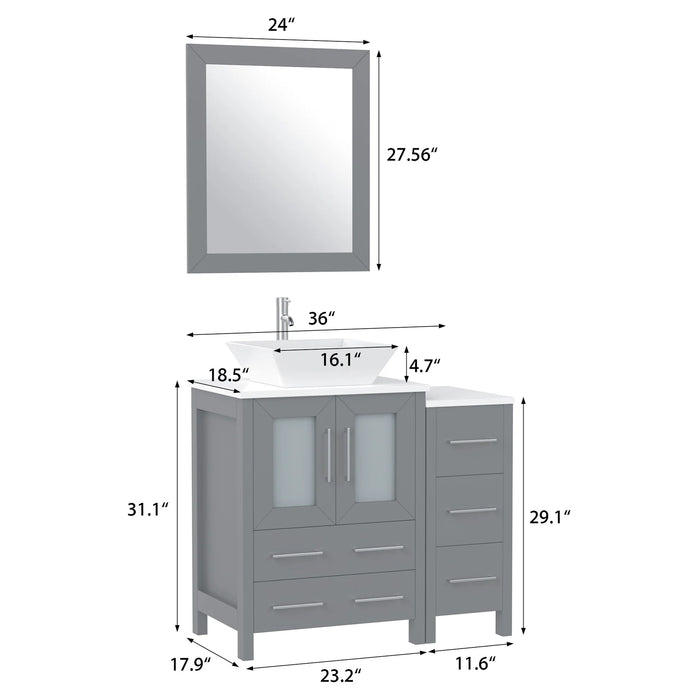 CVC Grey Solid Wood with Basin Engineered Marble Top and Mirror CVC24 Bathroom Cabinet - 36" x 18.5" x 36"