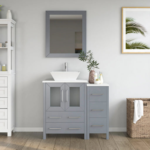 CVC Grey Solid Wood with Basin Engineered Marble Top and Mirror CVC24 Bathroom Cabinet - 36" x 18.5" x 36"