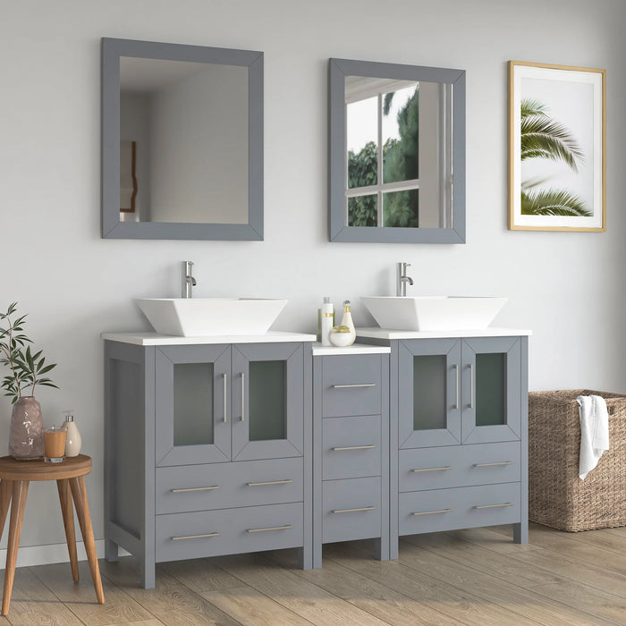 CVC Grey Solid Wood with Basin Engineered Marble Top and Mirror CVC24 Bathroom Cabinet - 60" x 18.5" x 36"
