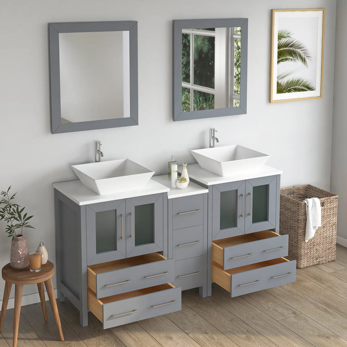 CVC Grey Solid Wood with Basin Engineered Marble Top and Mirror CVC24 Bathroom Cabinet - 60" x 18.5" x 36"