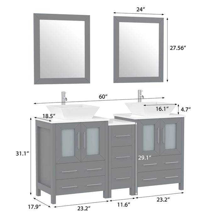 CVC Grey Solid Wood with Basin Engineered Marble Top and Mirror CVC24 Bathroom Cabinet - 60" x 18.5" x 36"
