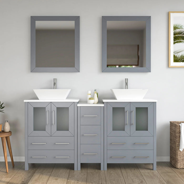 CVC Grey Solid Wood with Basin Engineered Marble Top and Mirror CVC24 Bathroom Cabinet - 60" x 18.5" x 36"