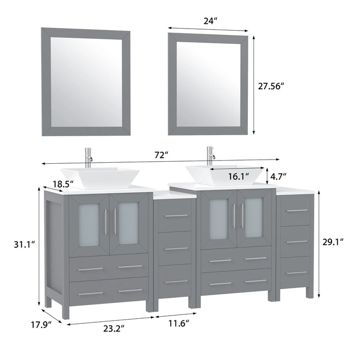 CVC Grey Solid Wood with Basin Engineered Marble Top and Mirror CVC24 Bathroom Cabinet - 72" x 18.5" x 36"