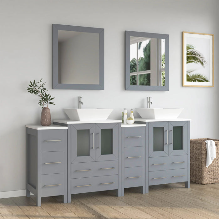 CVC Grey Solid Wood with Basin Engineered Marble Top and Mirror CVC24 Bathroom Cabinet - 72" x 18.5" x 36"