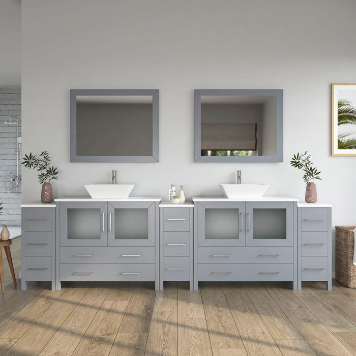 CVC Grey Solid Wood with White Engineered Marble Top and Mirror CVC36 Bathroom Cabinet - 108" x 18.5" x 36"