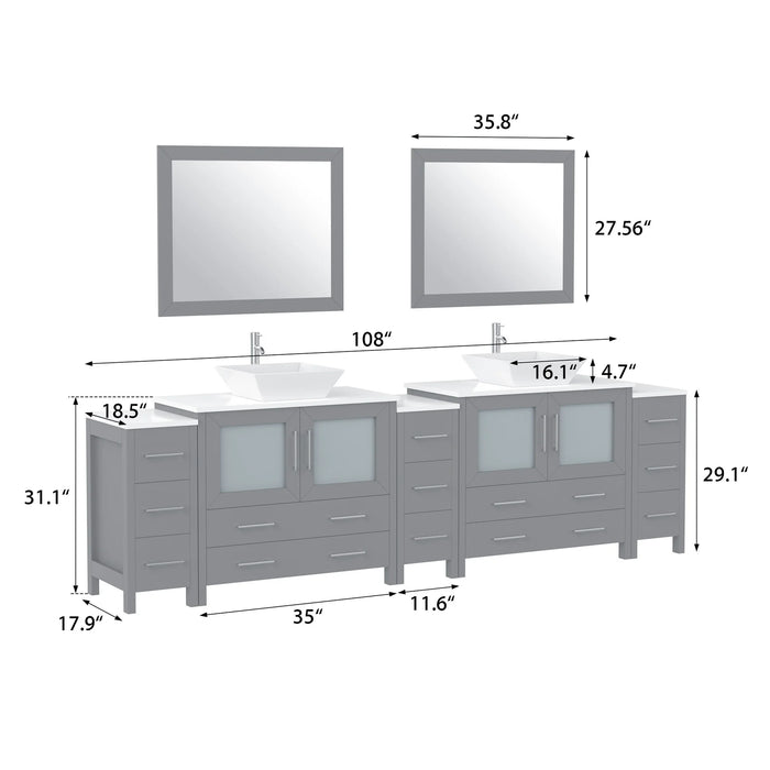 CVC Grey Solid Wood with White Engineered Marble Top and Mirror CVC36 Bathroom Cabinet - 108" x 18.5" x 36"