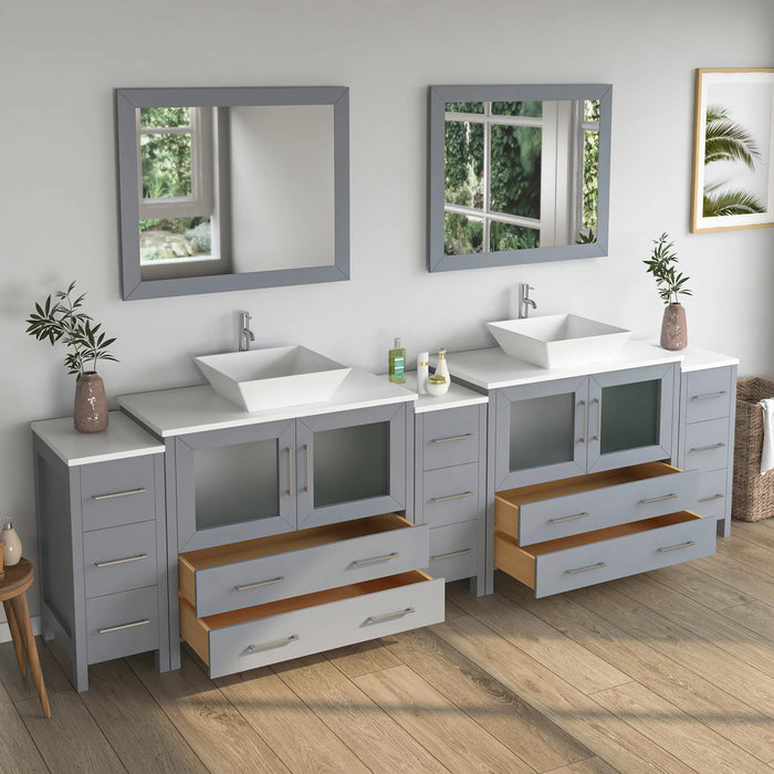 CVC Grey Solid Wood with White Engineered Marble Top and Mirror CVC36 Bathroom Cabinet - 108" x 18.5" x 36"