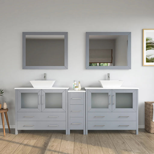 CVC Grey Solid Wood with White Engineered Marble Top and Mirror CVC36 Bathroom Cabinet - 84" x 18.5" x 36"