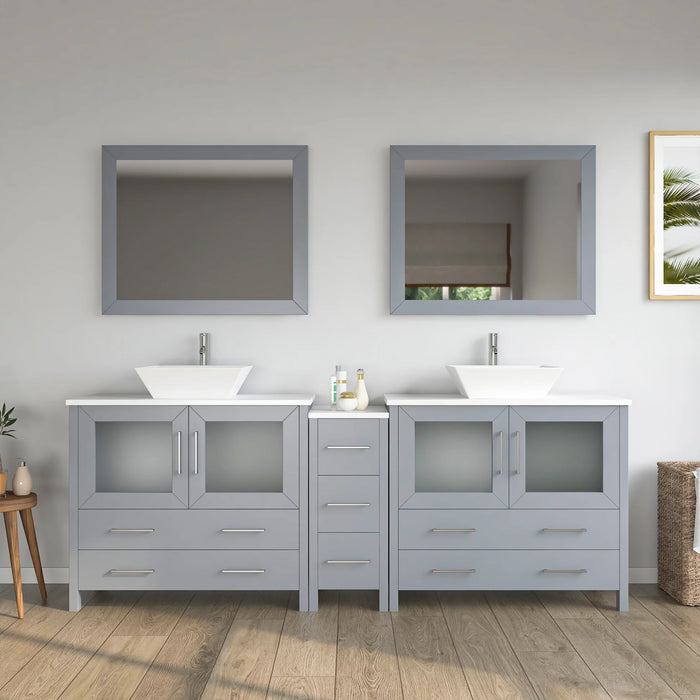 CVC Grey Solid Wood with White Engineered Marble Top and Mirror CVC36 Bathroom Cabinet - 84" x 18.5" x 36"
