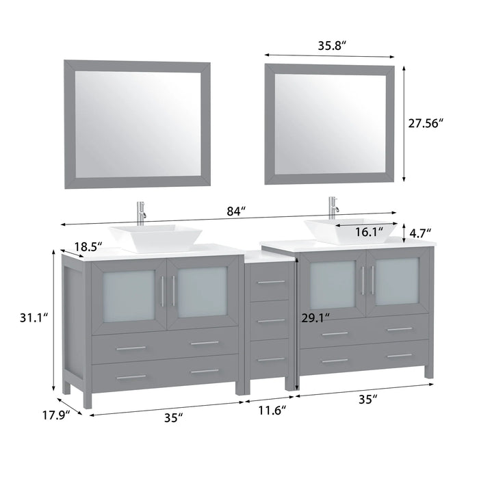 CVC Grey Solid Wood with White Engineered Marble Top and Mirror CVC36 Bathroom Cabinet - 84" x 18.5" x 36"