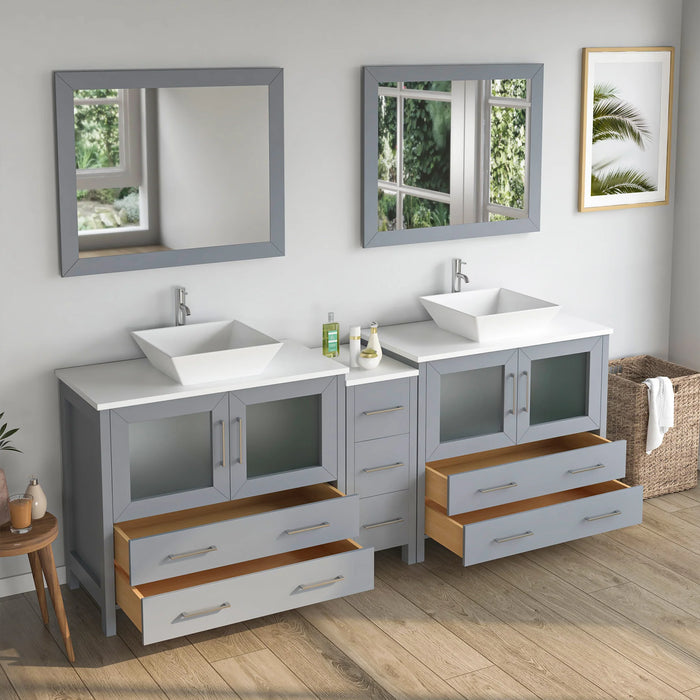 CVC Grey Solid Wood with White Engineered Marble Top and Mirror CVC36 Bathroom Cabinet - 84" x 18.5" x 36"