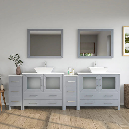 CVC Grey Solid Wood with White Engineered Marble Top and Mirror CVC36 Bathroom Cabinet - 96" x 18.5" x 36"