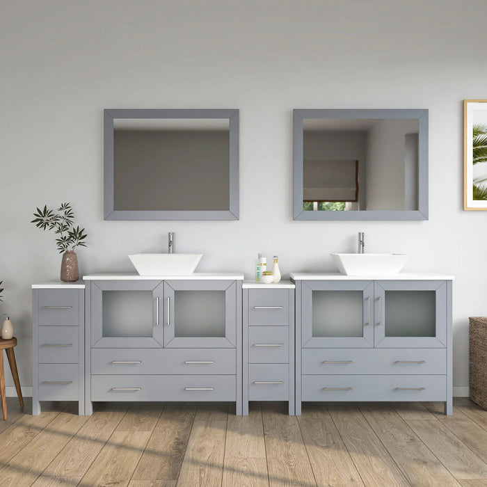 CVC Grey Solid Wood with White Engineered Marble Top and Mirror CVC36 Bathroom Cabinet - 96" x 18.5" x 36"