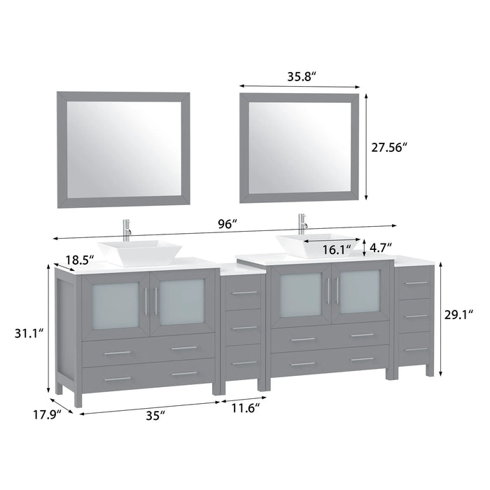 CVC Grey Solid Wood with White Engineered Marble Top and Mirror CVC36 Bathroom Cabinet - 96" x 18.5" x 36"