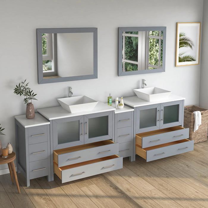CVC Grey Solid Wood with White Engineered Marble Top and Mirror CVC36 Bathroom Cabinet - 96" x 18.5" x 36"