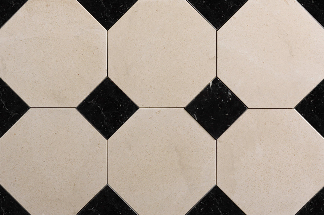 Capri Octagon Limestone with Nero Marquina Keys Marble Tile - 12" x 12" x 3/4" Honed