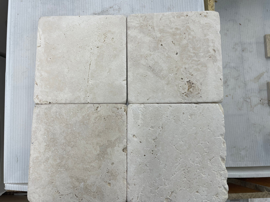 Ivory Travertine Tile - 6" x 6" x 3/8" Antique & Tumbled