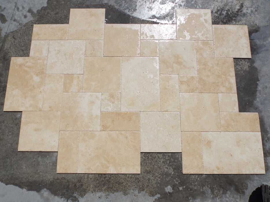 Ivory Cross Cut Chiseled & Brushed Travertine Versailles Pattern - Various Sizes