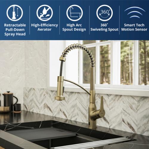 Alston Brushed Gold Solid Brass Pull Down Kitchen Faucet - Single Handle / One Hole with Matching Soap Dispenser