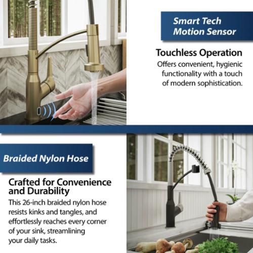 Alston Brushed Gold Solid Brass Pull Down Kitchen Faucet - Single Handle / One Hole with Matching Soap Dispenser
