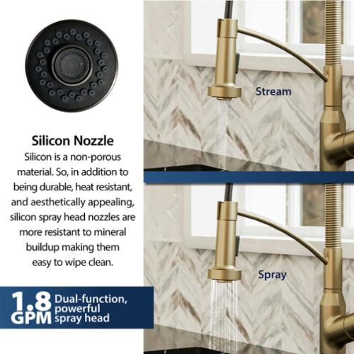 Alston Brushed Gold Solid Brass Pull Down Kitchen Faucet - Single Handle / One Hole with Matching Soap Dispenser