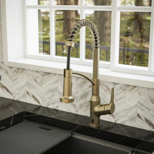 Alston Brushed Gold Solid Brass Pull Down Kitchen Faucet - Single Handle / One Hole with Matching Soap Dispenser