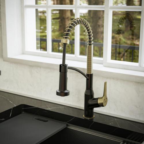 Alston Solid Brass Matte Black and Brushed Gold Kitchen Faucet 7