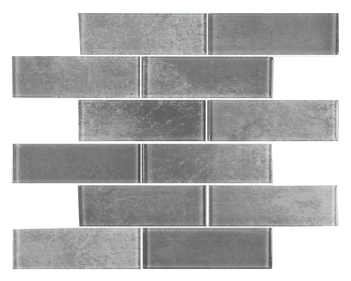 Full Sheet Sample - Aquatica Subway Urban Light Grey Staggered Glass Mosaic - 2" x 6" x 6 MM Glossy