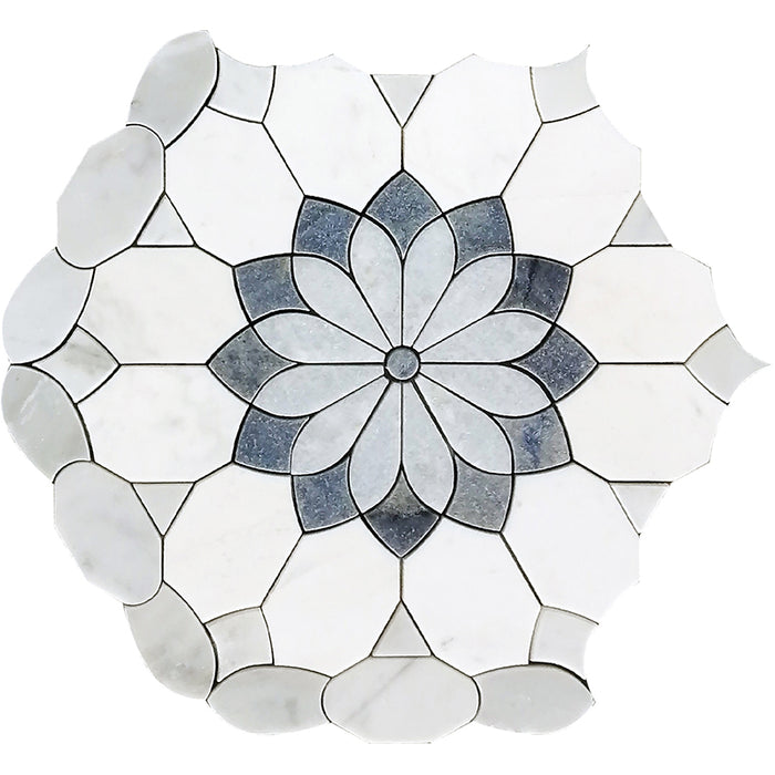 Full Sheet Sample - Skalini Line Waterjet Azul Macaubas / Blue Celeste / Thassos Carrara Merletto Azul Limestone Mosaic -  10.4" x 12" x 3/8" Polished