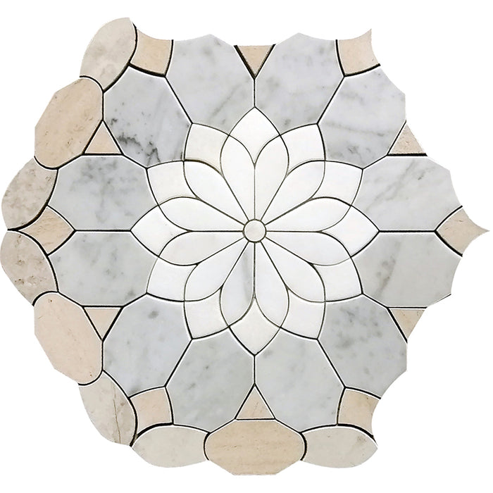 Full Sheet Sample - Skalini Line Waterjet Shadow Limestone / Oxford Grey / Thassos / Shell Merletto Beige Limestone Mosaic - 10.4" x 12" x 3/8" Polished