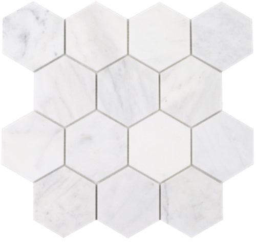 Full Sheet Sample - Ice White Hexagon Natural Stone Mosaic - 3" Honed