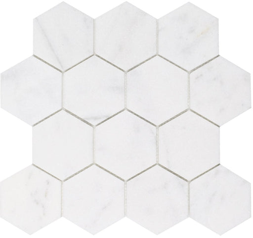 Full Sheet Sample - Snow White White Hexagon Natural Stone Mosaic - 3" x 3" Honed