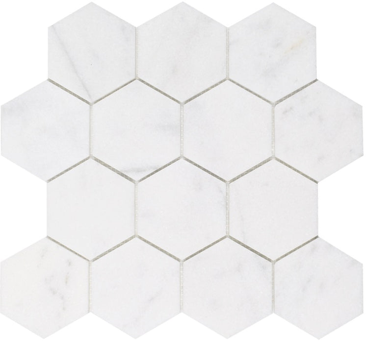 Full Sheet Sample - Snow White White Hexagon Natural Stone Mosaic - 3" Honed