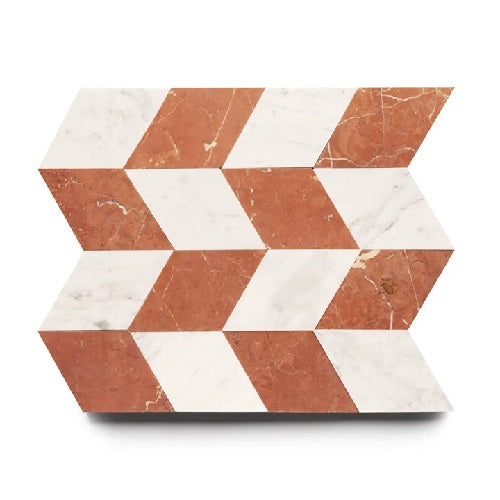 Full Tile Sample - Marble Diamante in Carrara & Rosso Alicante Marble Tile - 6" x 6" x 3/8" Honed
