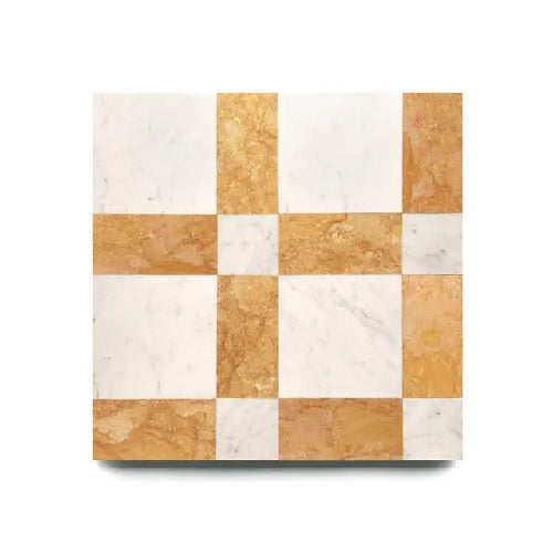 Full Tile Sample - Marble Piazzetta in Carrara & Giallo Reale Marble Tile - 6" x 6" x 3/8" Honed