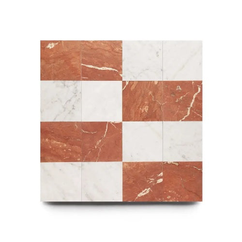 Full Tile Sample - Marble Piazzetta in Carrara & Rosso Alicante Marble Tile - 6" x 6" x 3/8" Honed