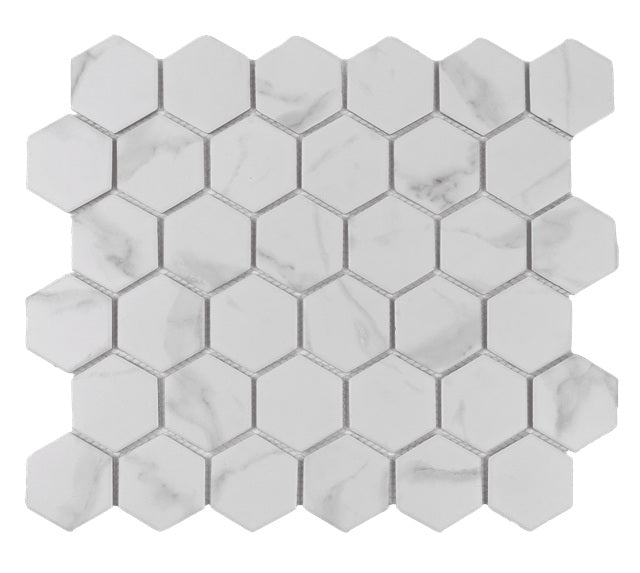 Full Sheet Sample - Gallery Marble Satin Hexagon Porcelain Mosaic - 2" x 2" Matte