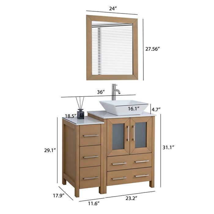 CVC Natural Oak Solid Wood with Basin Engineered Marble Top and Mirror CVC24 Bathroom Cabinet - 84" x 18.5" x 36"