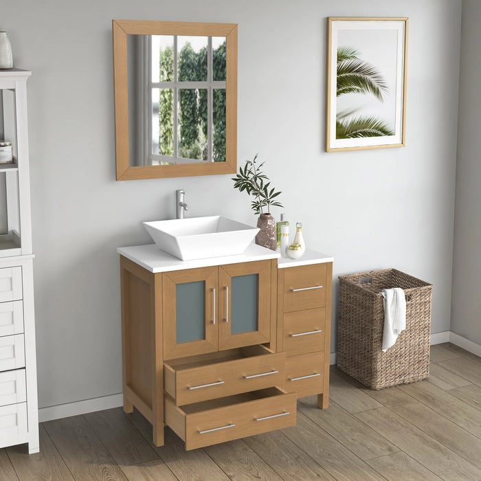 CVC Natural Oak Solid Wood with Basin Engineered Marble Top and Mirror CVC24 Bathroom Cabinet - 84" x 18.5" x 36"