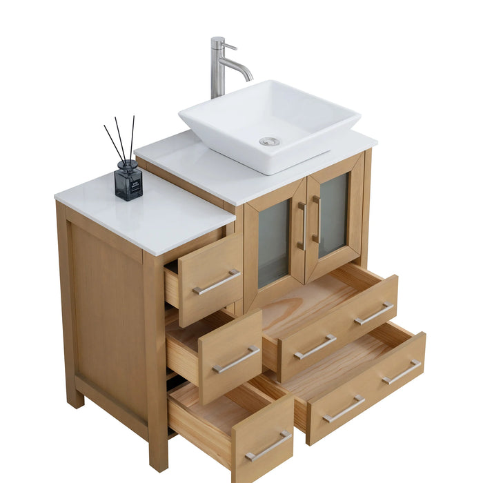 CVC Natural Oak Solid Wood with Basin Engineered Marble Top and Mirror CVC24 Bathroom Cabinet - 84" x 18.5" x 36"