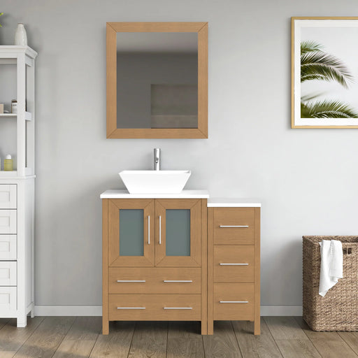 CVC Natural Oak Solid Wood with Basin Engineered Marble Top and Mirror CVC24 Bathroom Cabinet - 84" x 18.5" x 36"